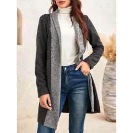 Stitching Contrast Woolen Casual Collarless Cardigan Long-sleeved Coat