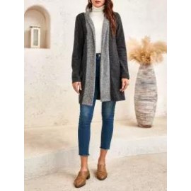 Stitching Contrast Woolen Casual Collarless Cardigan Long-sleeved Coat