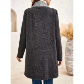 Stitching Contrast Woolen Casual Collarless Cardigan Long-sleeved Coat