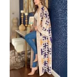 Women's Elegant Geometric Contrast Print Flared Sleeve Cardigan