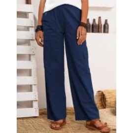 Casual Solid Color Cotton And Linen Elastic Waist Pocket Casual Pants