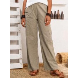 Casual Solid Color Cotton And Linen Elastic Waist Pocket Casual Pants