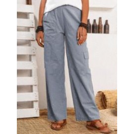 Casual Solid Color Cotton And Linen Elastic Waist Pocket Casual Pants