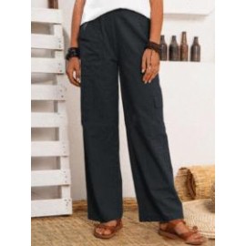 Casual Solid Color Cotton And Linen Elastic Waist Pocket Casual Pants
