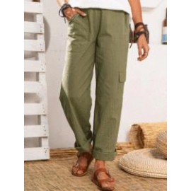 Casual Solid Color Cotton And Linen Elastic Waist Pocket Casual Pants