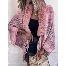 Casual Loose Knit Fur Collar Shawl Coat