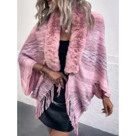 Casual Loose Knit Fur Collar Shawl Coat