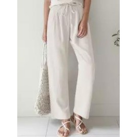 Casual Solid Color Straight Leg Elastic Waist Cotton Linen Pants
