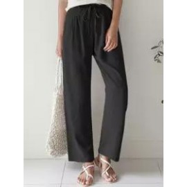 Casual Solid Color Straight Leg Elastic Waist Cotton Linen Pants