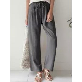 Casual Solid Color Straight Leg Elastic Waist Cotton Linen Pants