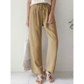 Casual Solid Color Straight Leg Elastic Waist Cotton Linen Pants