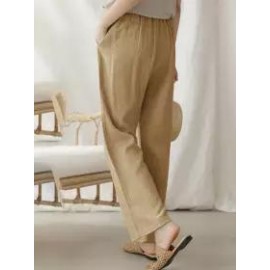 Casual Solid Color Straight Leg Elastic Waist Cotton Linen Pants