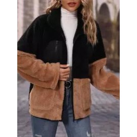 Casual Loose Colorblock Double Face Fleece Coat