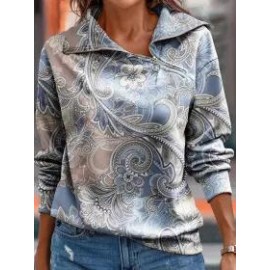 Casual Loose Vintage Print Zip Sweatshirt