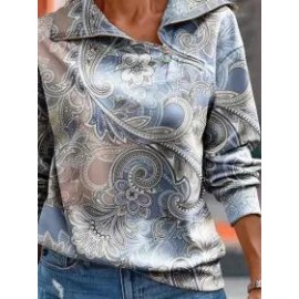 Casual Loose Vintage Print Zip Sweatshirt