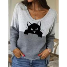 Fashion Cat Pattern Long Sleeve Round Neck Casual Sweatshirt