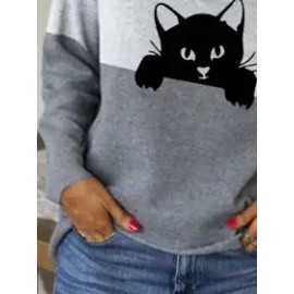 Fashion Cat Pattern Long Sleeve Round Neck Casual Sweatshirt