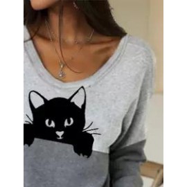 Fashion Cat Pattern Long Sleeve Round Neck Casual Sweatshirt