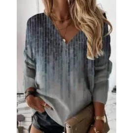 Fashion Textured Printed V-neck Long Sleeve Casual Sweatshirt