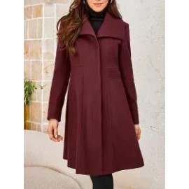 Pure Color Woolen Material Elegant Waist Lapel Mid-length Coat