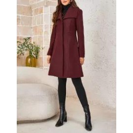 Pure Color Woolen Material Elegant Waist Lapel Mid-length Coat