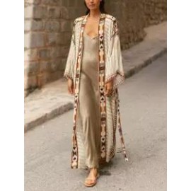Women's Elegant Geometric Vintage Print High Waist Silk Cardigan