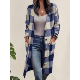 Casual Loose Check Button Pocket Wool Jacket Cardigan