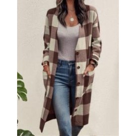 Casual Loose Check Button Pocket Wool Jacket Cardigan