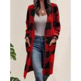 Casual Loose Check Button Pocket Wool Jacket Cardigan