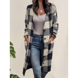 Casual Loose Check Button Pocket Wool Jacket Cardigan