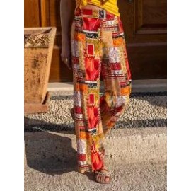 Geometric Patchwork Elastic-Waist Wide-Leg Pants