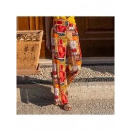 Geometric Patchwork Elastic-Waist Wide-Leg Pants