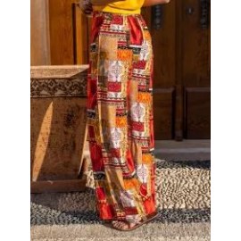 Geometric Patchwork Elastic-Waist Wide-Leg Pants