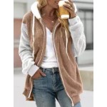 Casual Loose Striped Panel Zip Cardigan Plush Hooded Coat