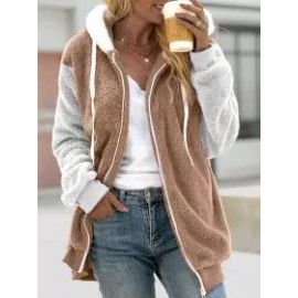 Casual Loose Striped Panel Zip Cardigan Plush Hooded Coat