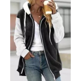 Casual Loose Striped Panel Zip Cardigan Plush Hooded Coat