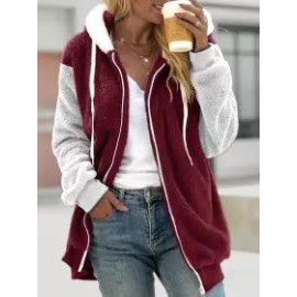 Casual Loose Striped Panel Zip Cardigan Plush Hooded Coat
