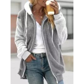 Casual Loose Striped Panel Zip Cardigan Plush Hooded Coat