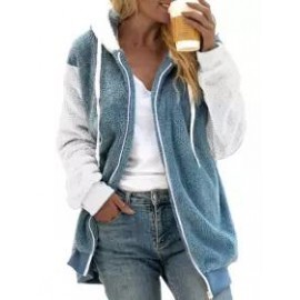 Casual Loose Striped Panel Zip Cardigan Plush Hooded Coat