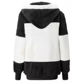 Casual Loose Striped Panel Zip Cardigan Plush Hooded Coat