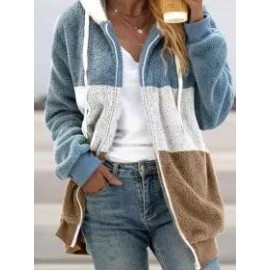 Casual Loose Striped Panel Zip Cardigan Plush Hooded Coat