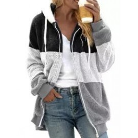 Casual Loose Striped Panel Zip Cardigan Plush Hooded Coat