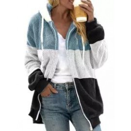 Casual Loose Striped Panel Zip Cardigan Plush Hooded Coat