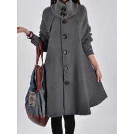 High Neck Patchwork Crochet Curved Hem Plain Raglan Sleeve Long Sleeve Coats