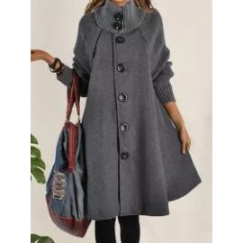 High Neck Patchwork Crochet Curved Hem Plain Raglan Sleeve Long Sleeve Coats
