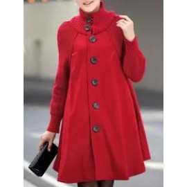 High Neck Patchwork Crochet Curved Hem Plain Raglan Sleeve Long Sleeve Coats
