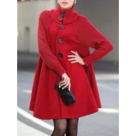 High Neck Patchwork Crochet Curved Hem Plain Raglan Sleeve Long Sleeve Coats