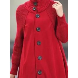 High Neck Patchwork Crochet Curved Hem Plain Raglan Sleeve Long Sleeve Coats