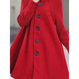 High Neck Patchwork Crochet Curved Hem Plain Raglan Sleeve Long Sleeve Coats