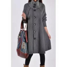 High Neck Patchwork Crochet Curved Hem Plain Raglan Sleeve Long Sleeve Coats